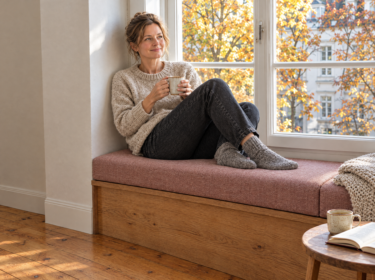 Coussin de banc sur mesure : femme avec une tasse sur la banquette près de la fenêtre en automne
