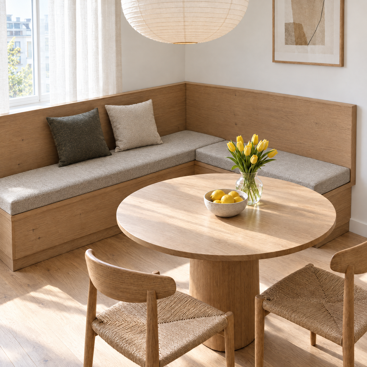 Coussins de banc d'angle 2 pièces sur mesure en velours beige, un coussin passe dans l'angle