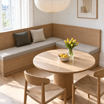 Coussins de banc d'angle 2 pièces sur mesure en velours beige, un coussin passe dans l'angle