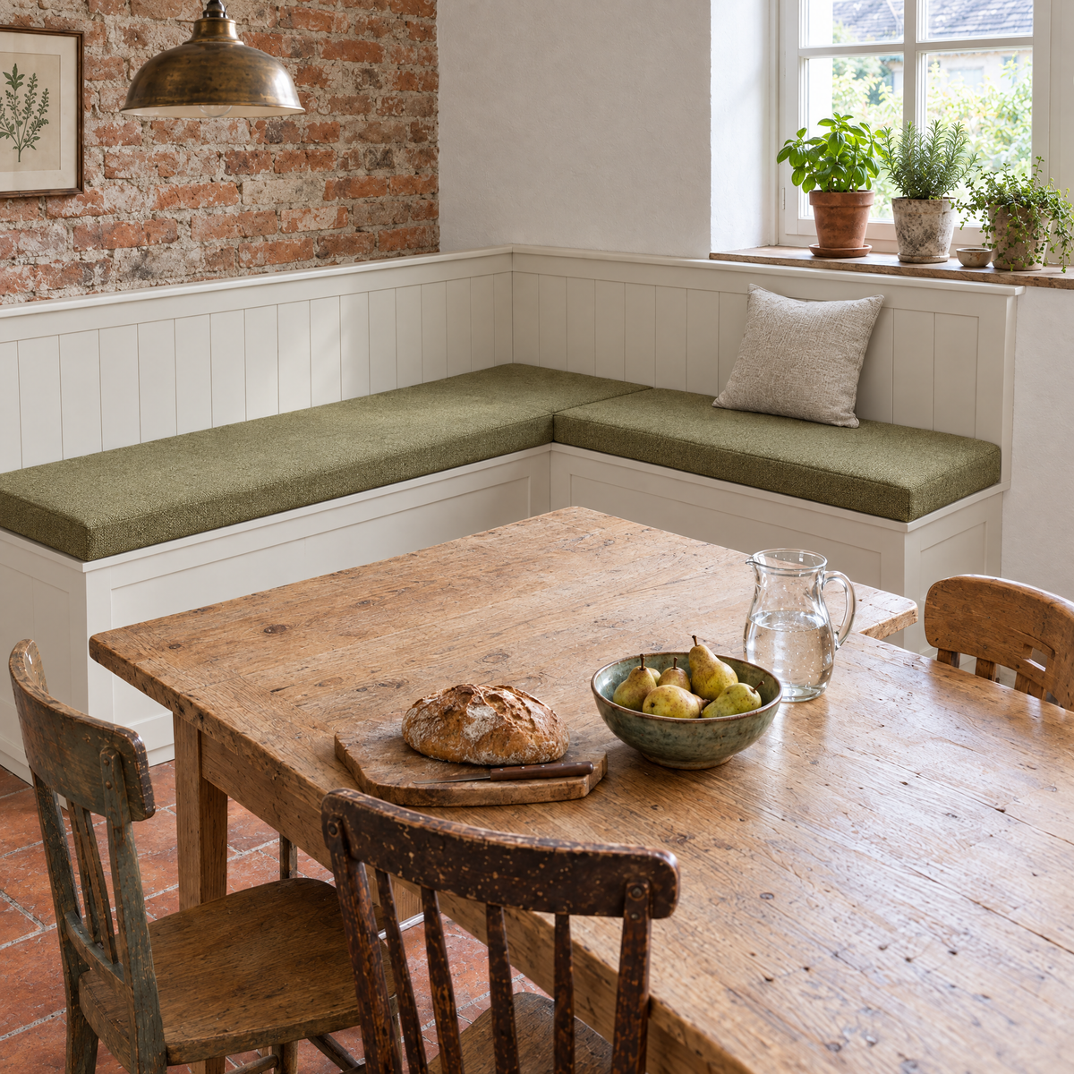 Coussins de banc d'angle 2 pièces sur mesure vert mousse dans une cuisine de campagne avec mur de briques