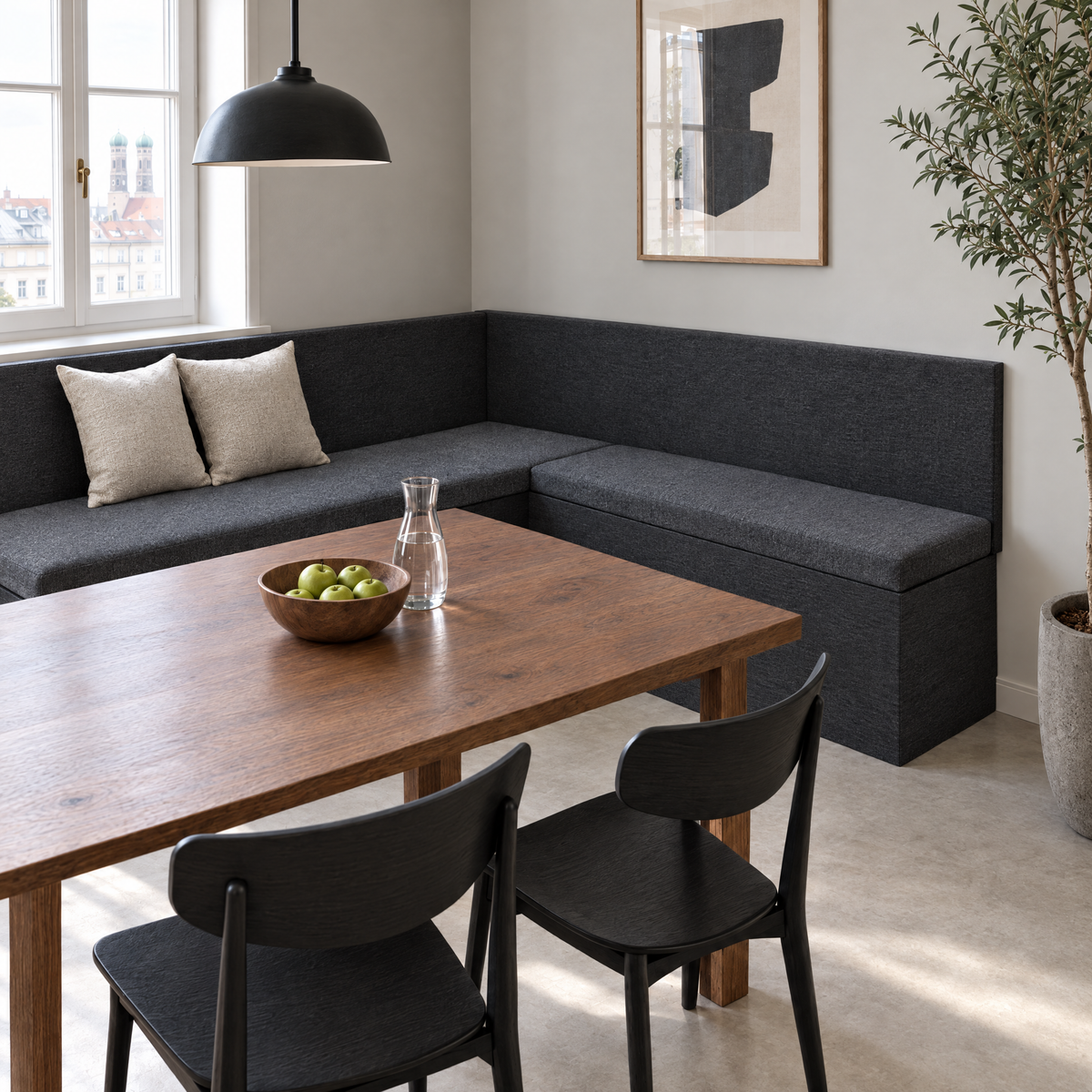 Coussins de banc d'angle 2 pièces sur mesure graphite sur un banc en chêne noir dans un appartement en ville