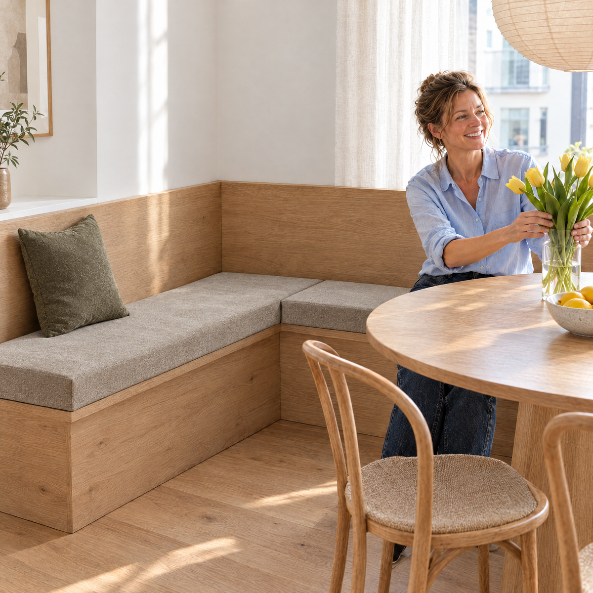 Femme avec des tulipes dans le coin repas : coussins de banc d'angle 2 pièces sur mesure en velours beige
