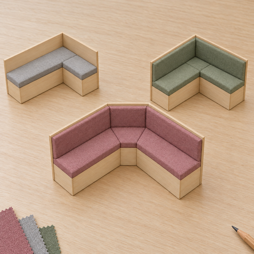 Coussins de banquette d’angle sur mesure pour tous les angles : maquettes de trois banquettes d’angle avec coussins