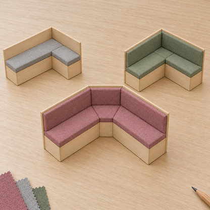 Coussins de banquette d’angle sur mesure pour tous les angles : maquettes de trois banquettes d’angle avec coussins