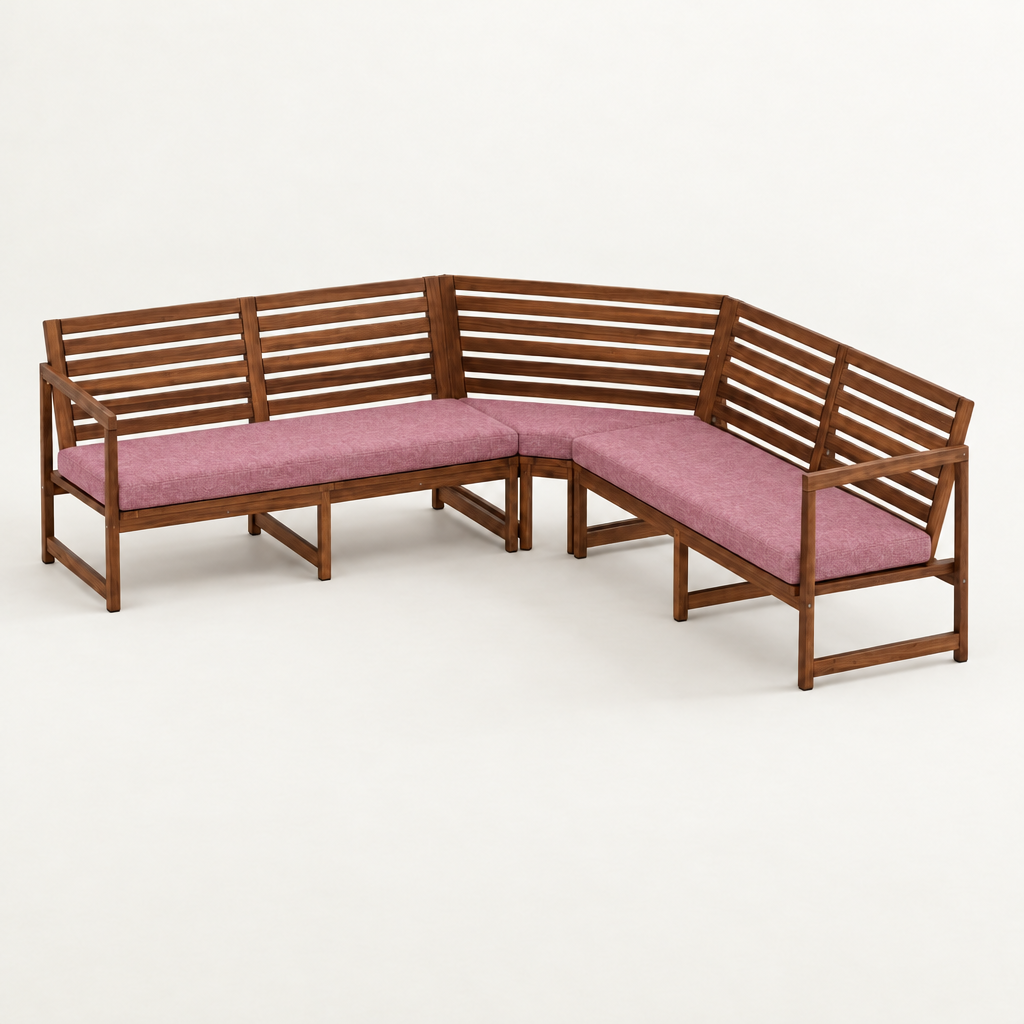Coussins de banquette d'angle sur mesure pour une banquette avec pan coupé : deux coussins d'assise et un coussin d'angle trapézoïdal
